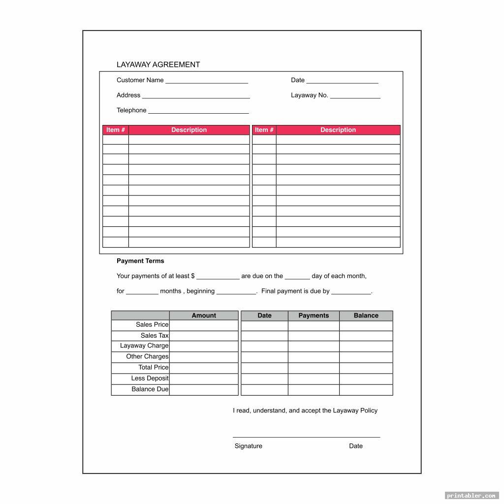 detailed layaway agreement form printable