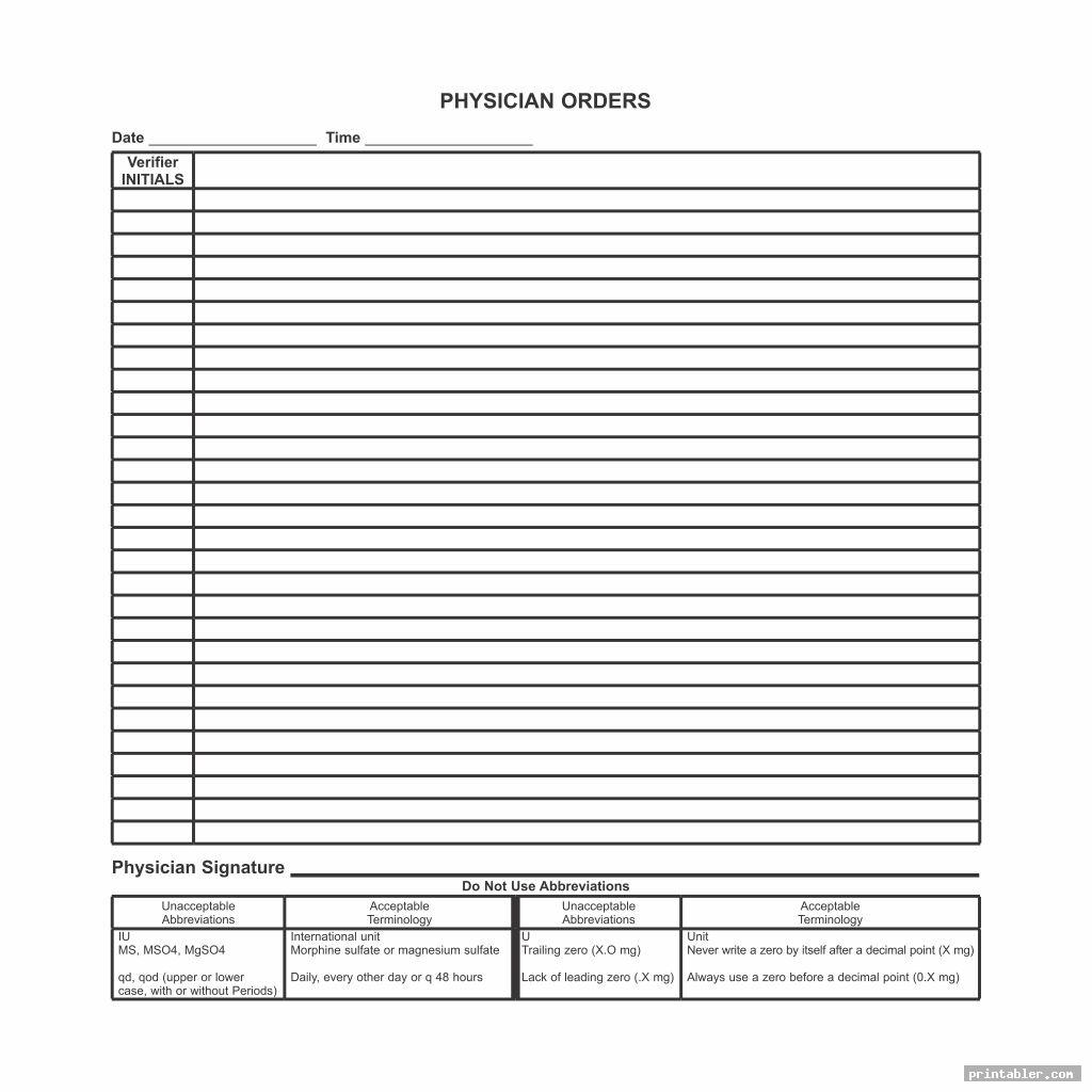free use blank physician order sheet printable