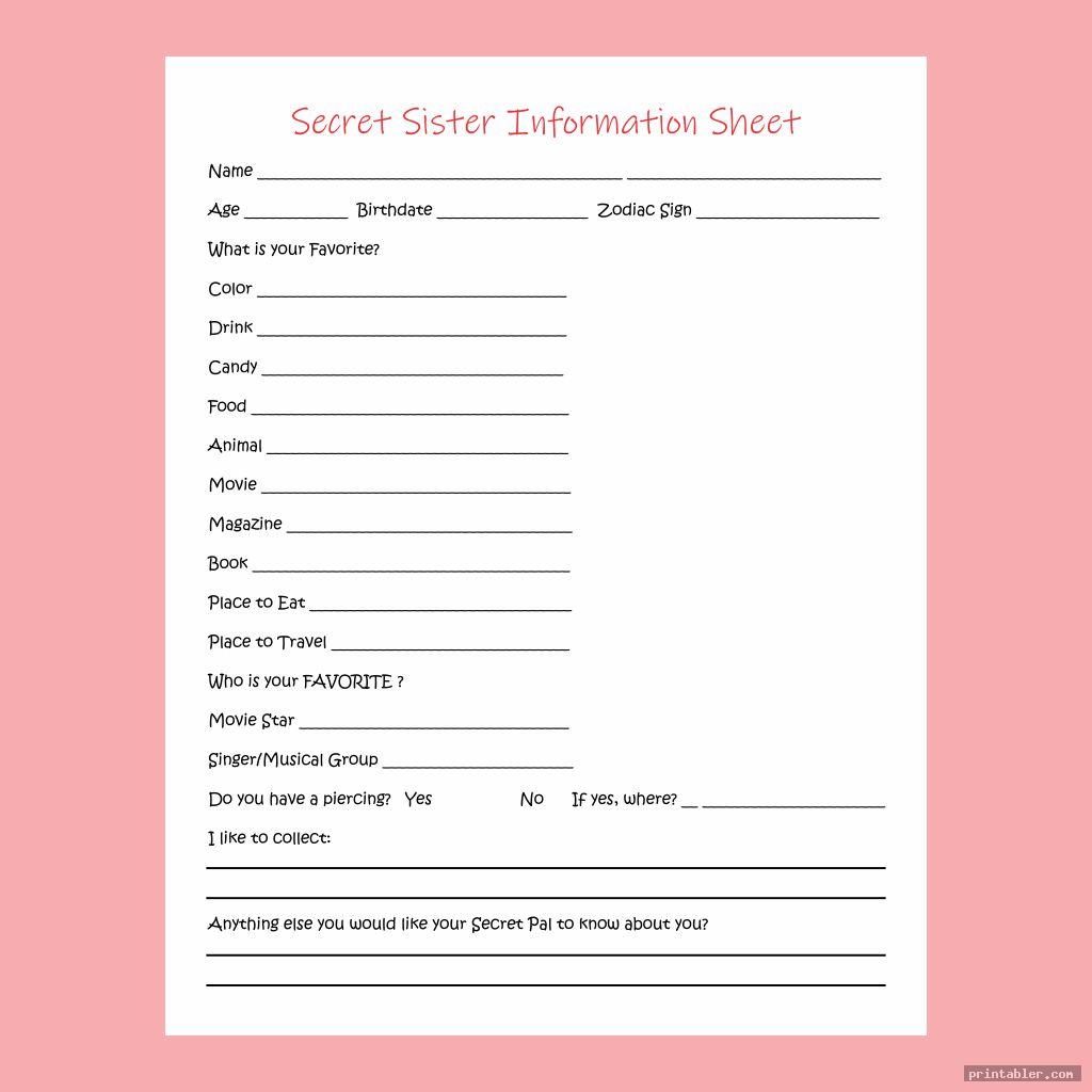 secret sister information forms printable for kids