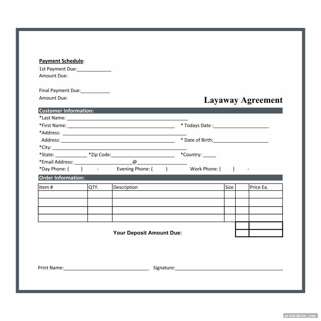 Layaway Agreement Template Free Printable