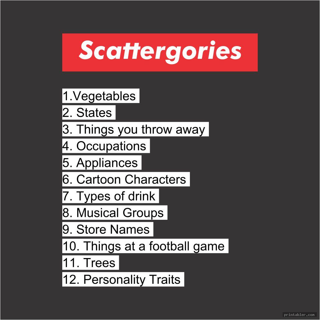 Scattergories Cards 1-12 Printable