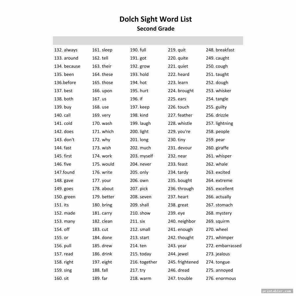 Second Grade Sight Words Printable