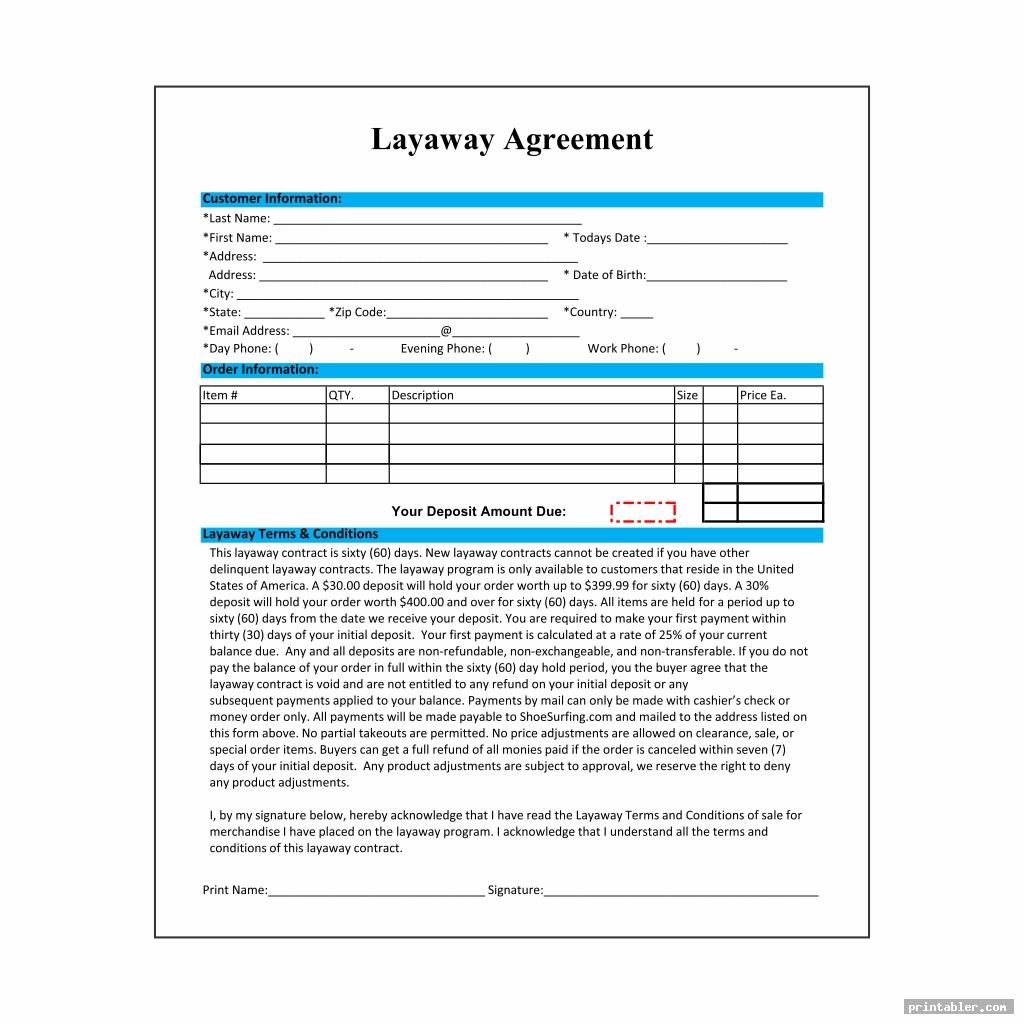 Layaway Contract Template Printable