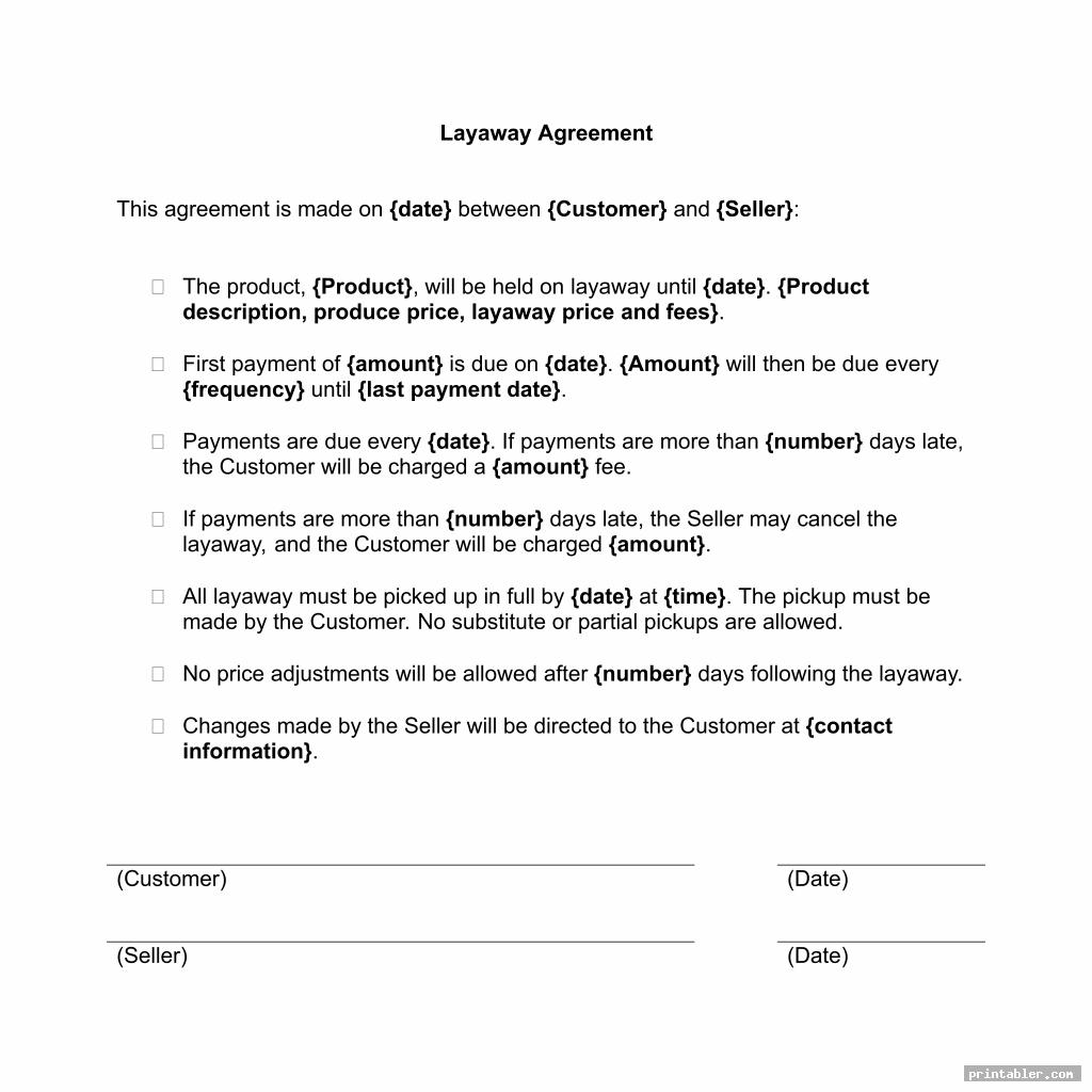 simple layaway contract template printable