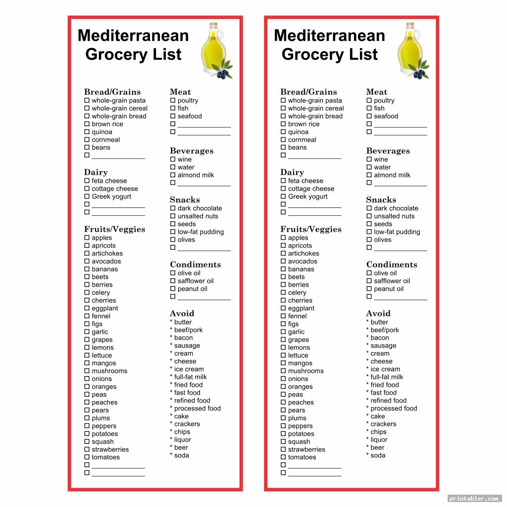 simple mediterranean diet food list printable