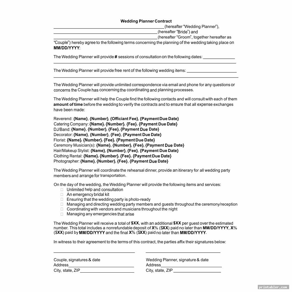 printable wedding planner contract agreement image free