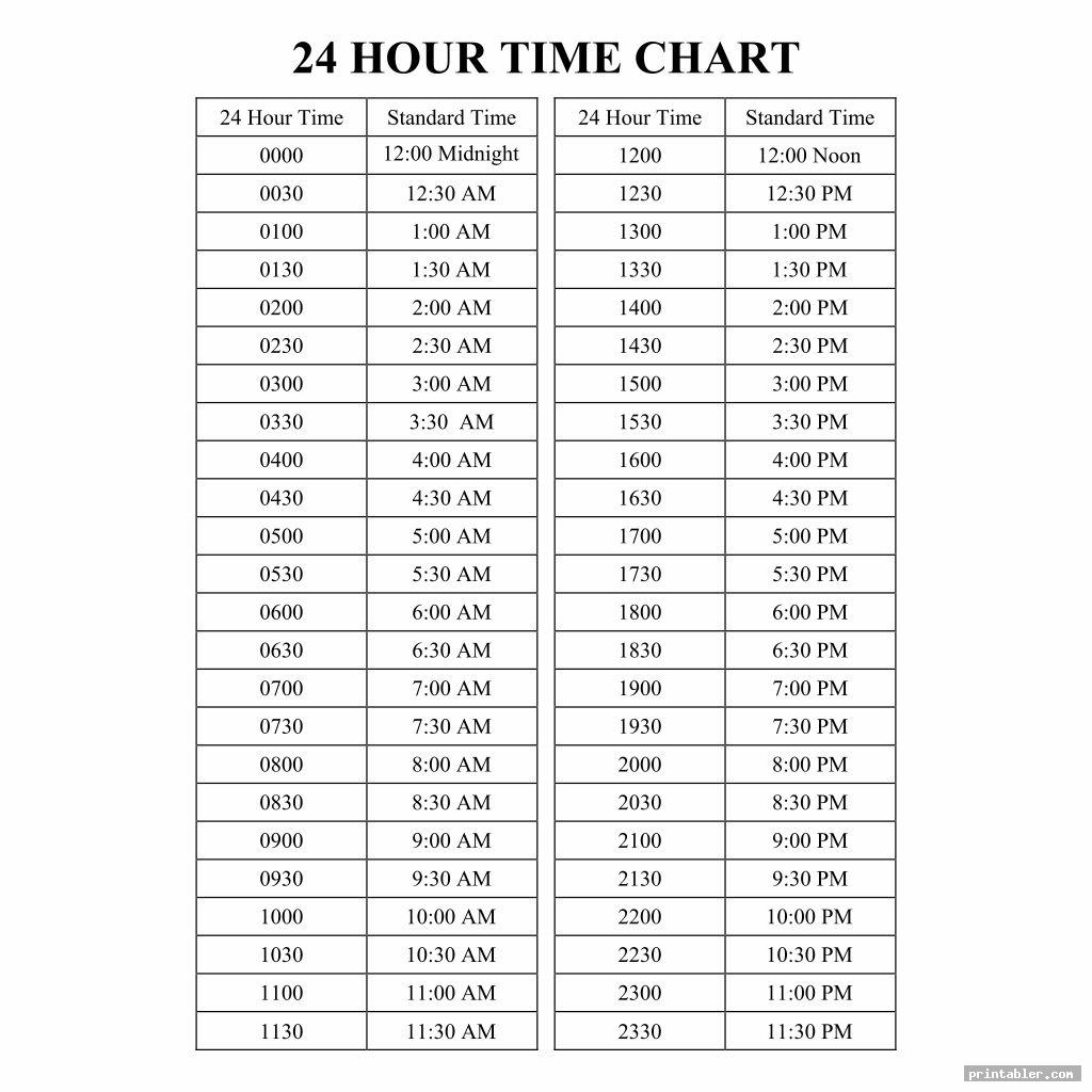 24 Hour Clock Chart Printable