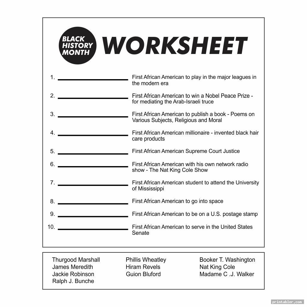 black history month trivia printable worksheet