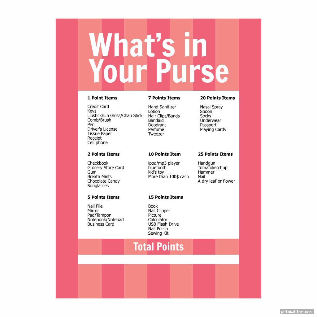 cool printable whats in your purse game