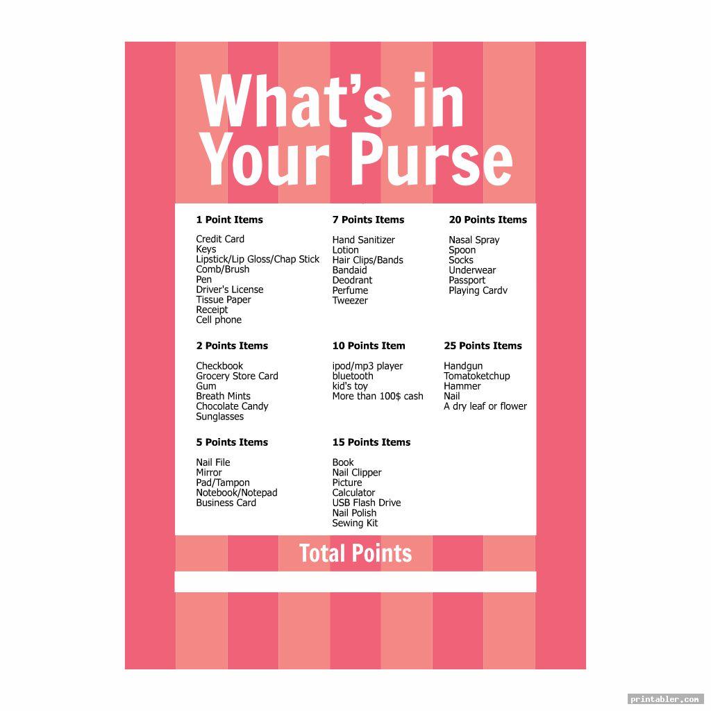 Printable What Is In Your Purse Game