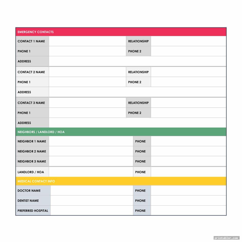 Printable Contact List Template