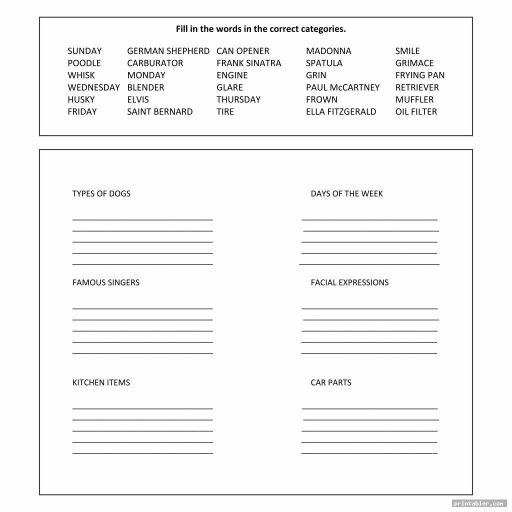fill the words adult cognitive worksheets printable