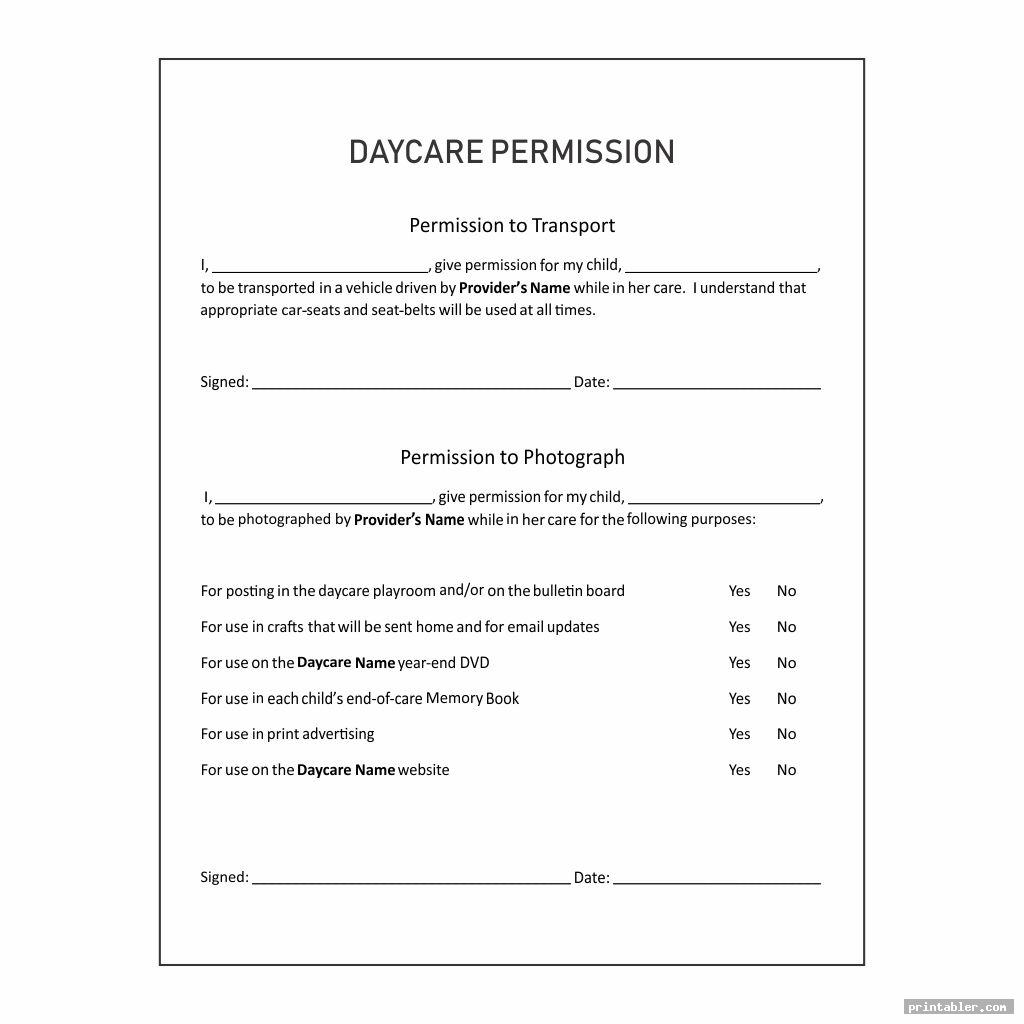 permission home day care forms printable