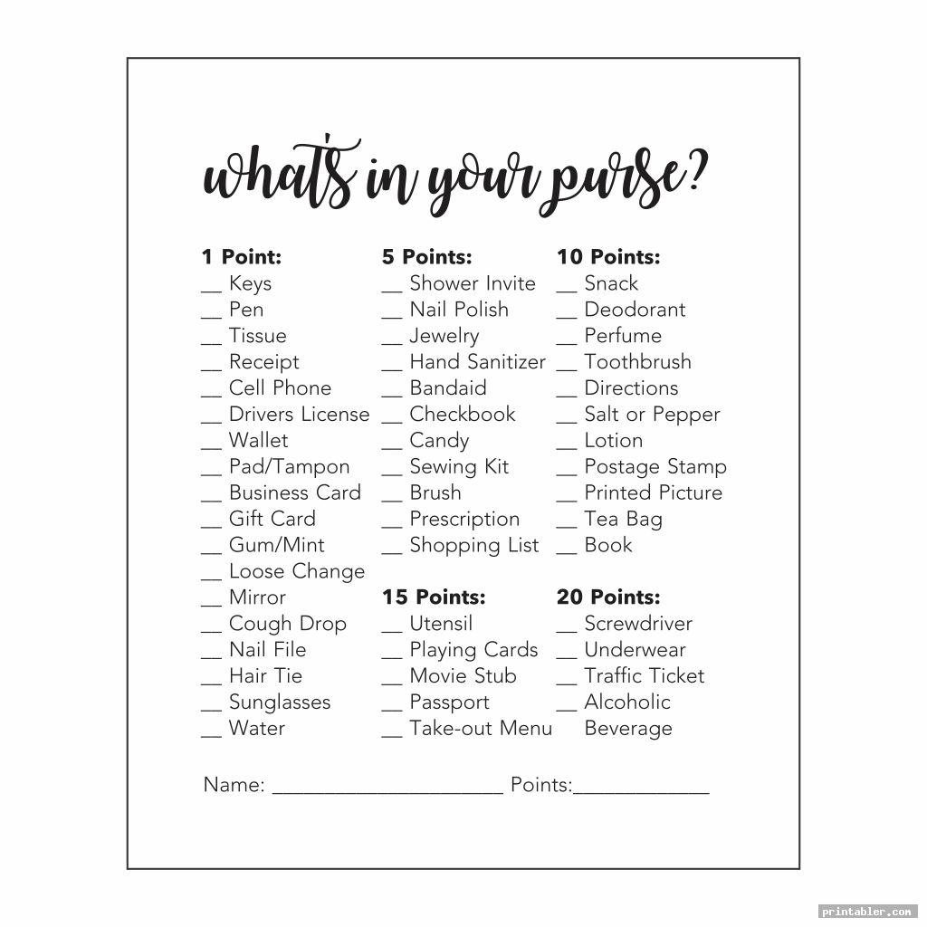 Printable What Is In Your Purse Game