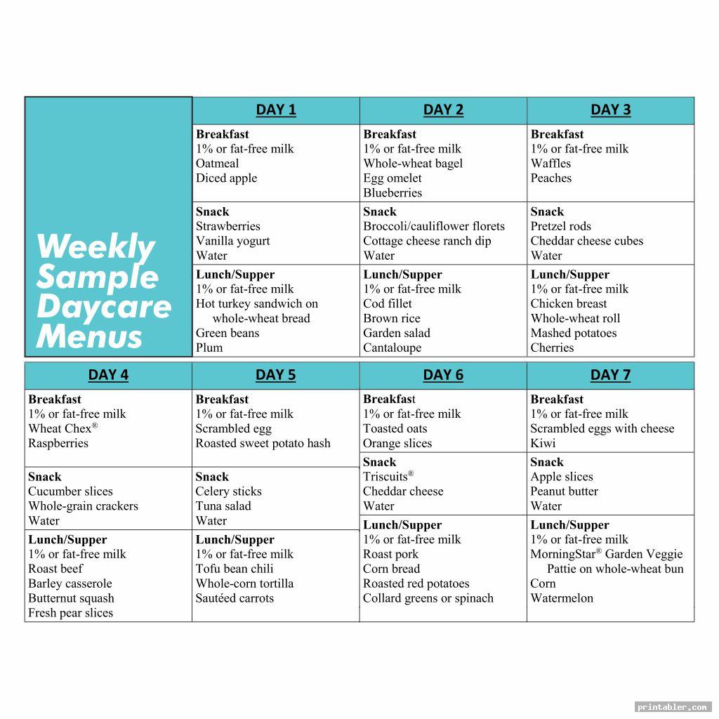 Sample Daycare Menus Printable