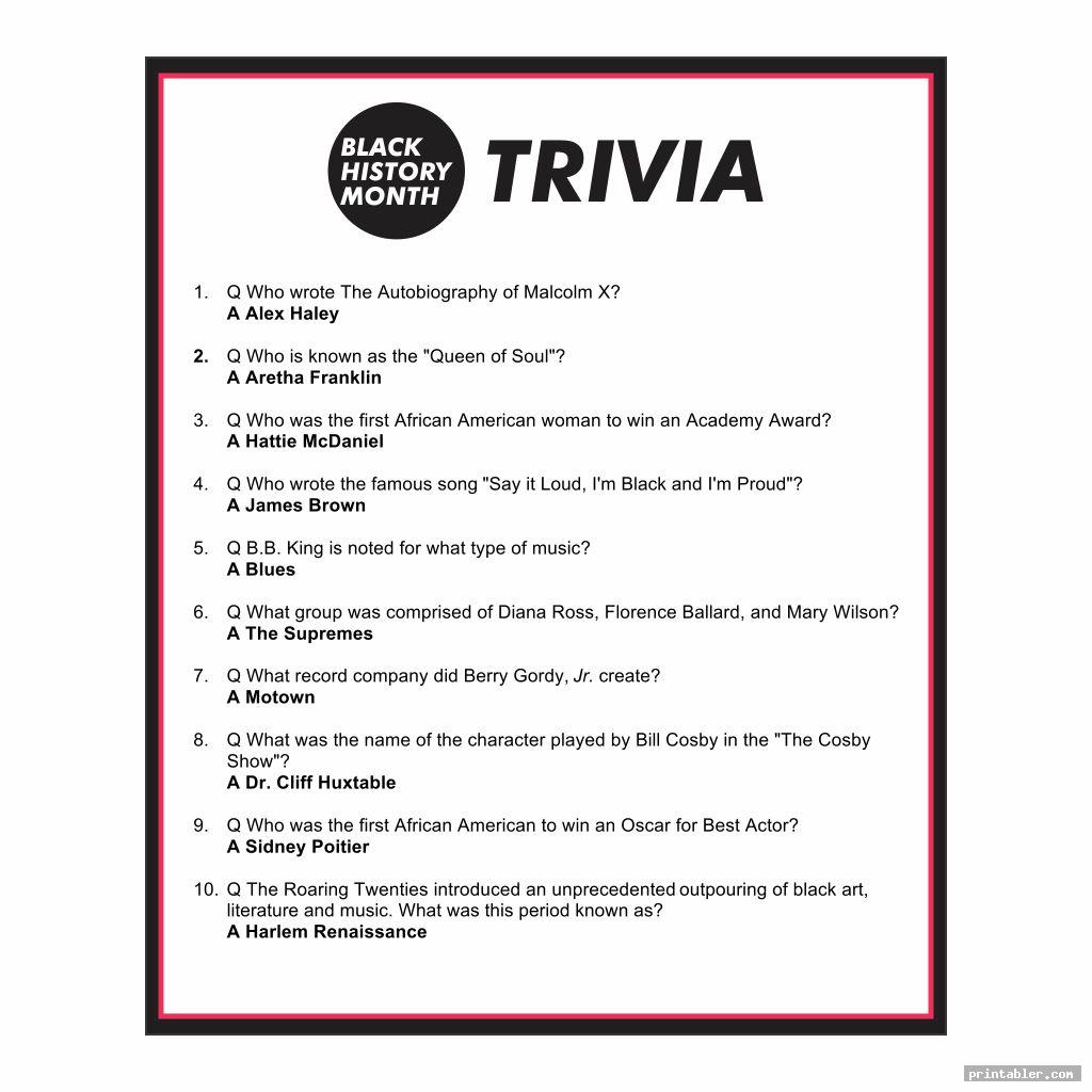 Black History Month Trivia Printable