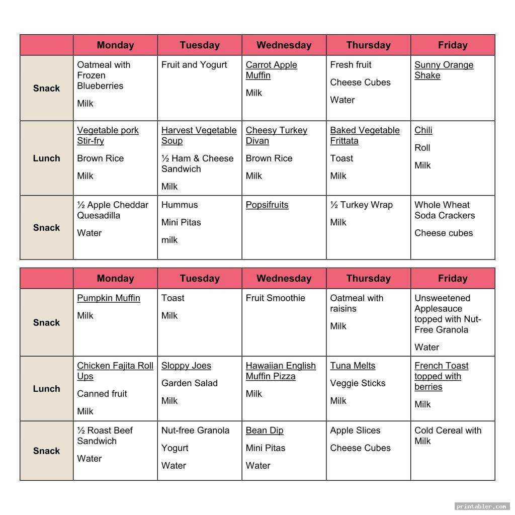 Sample Daycare Menus Printable - Gridgit.com