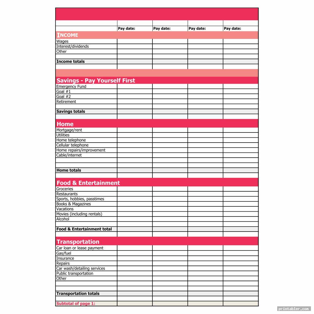 weekly budget worksheet printable image free