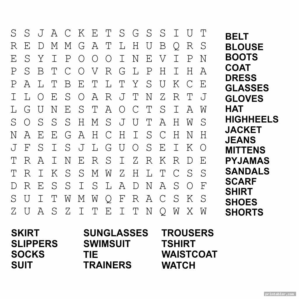 wordsearch clothes printable worksheets