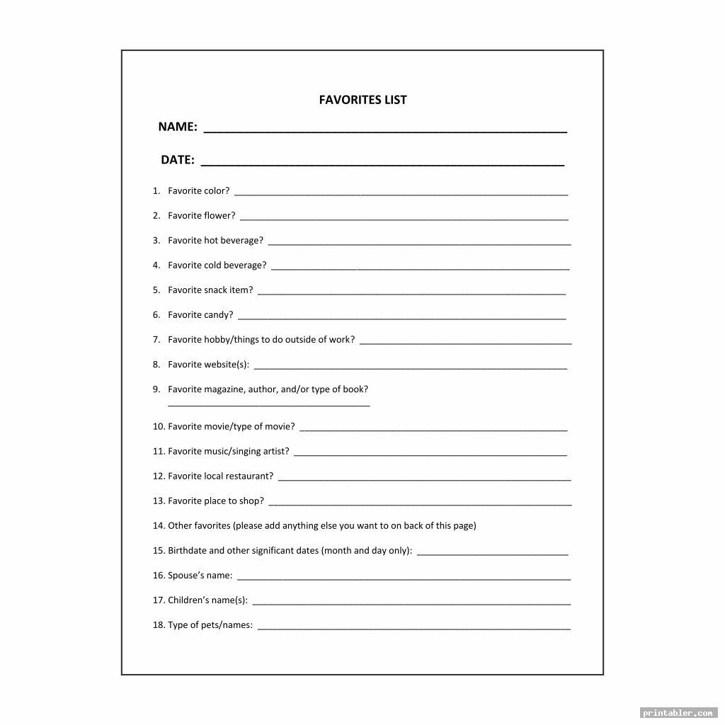 basic favorite things list template printable