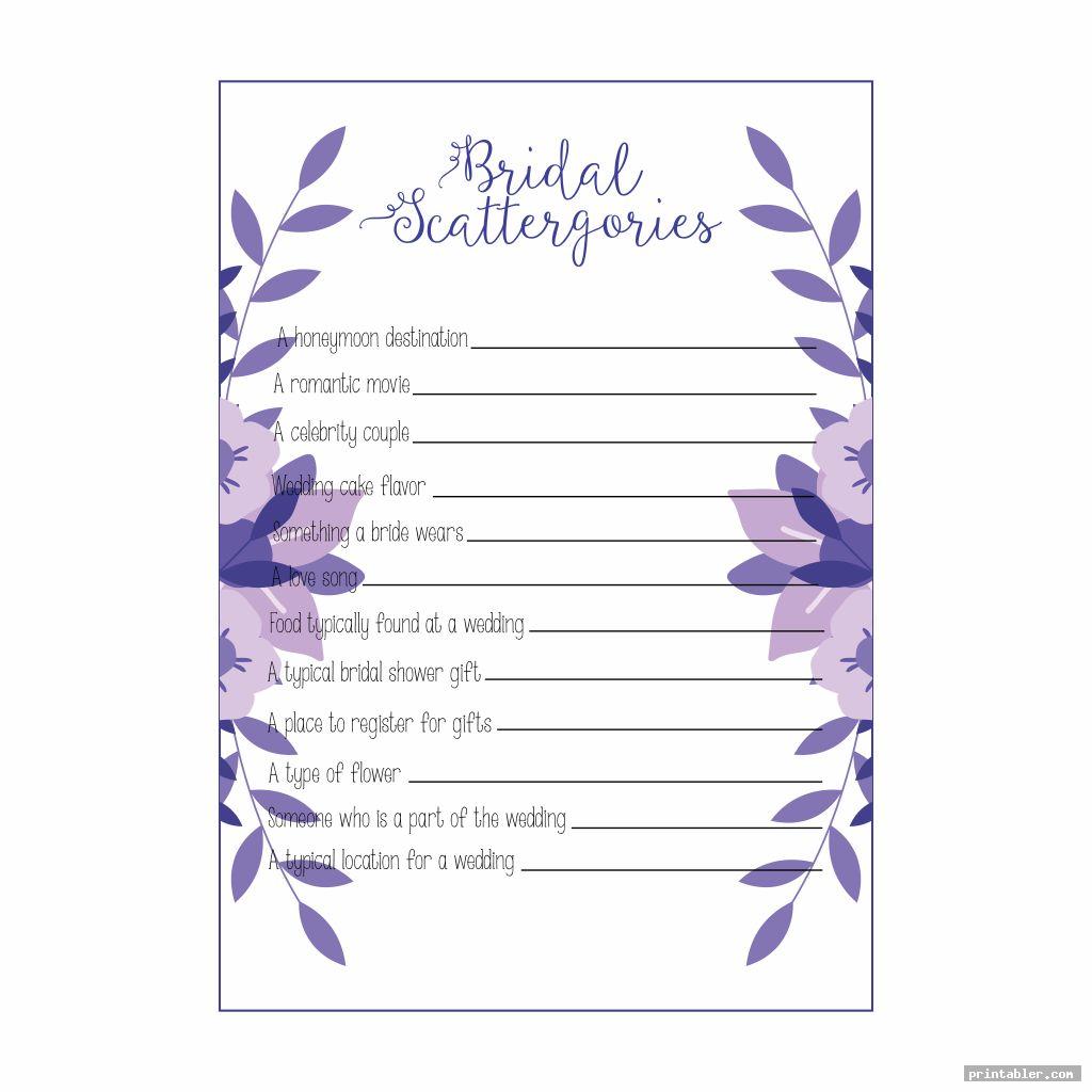 Bridal Shower Scattergories Printable