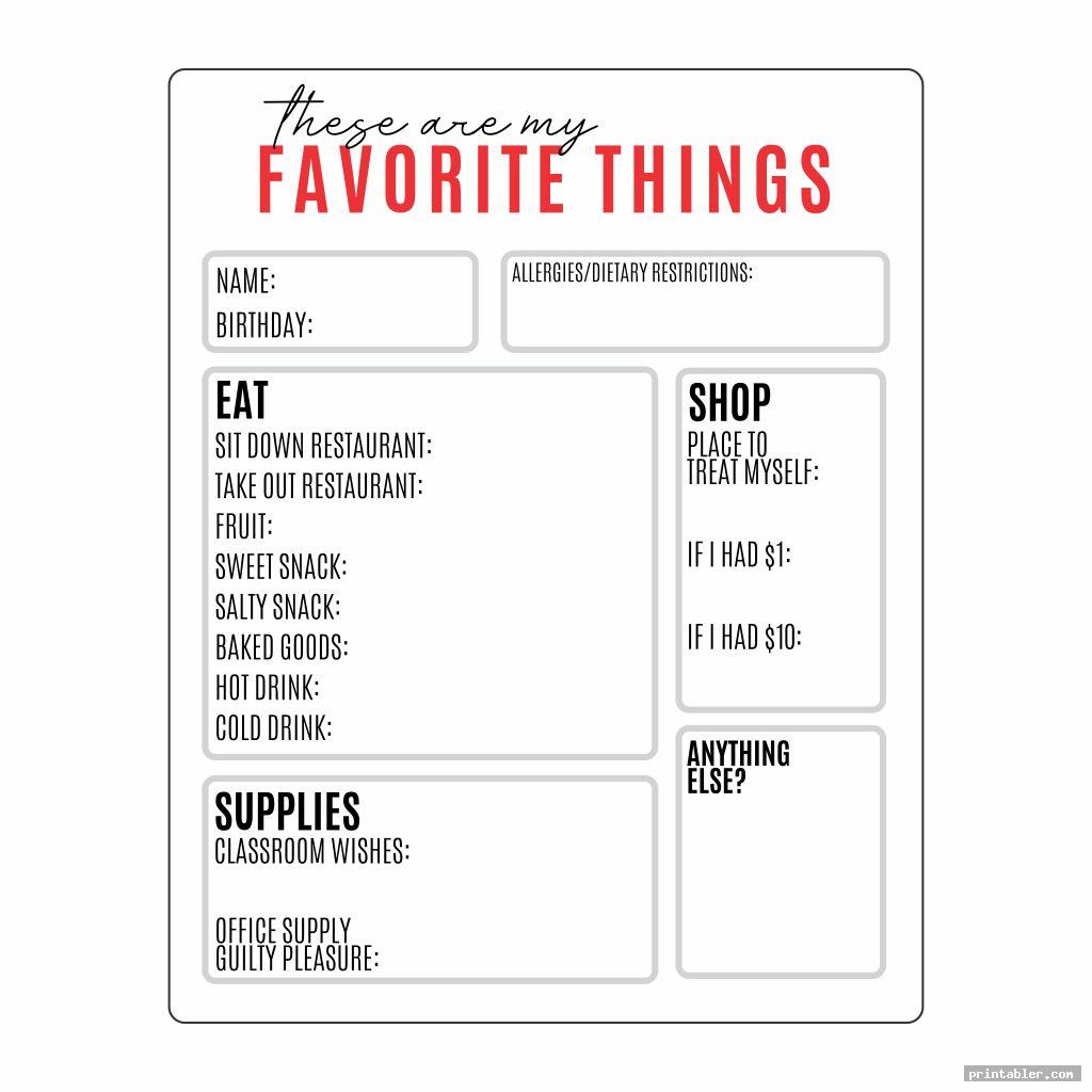 Printable Favorite Things List