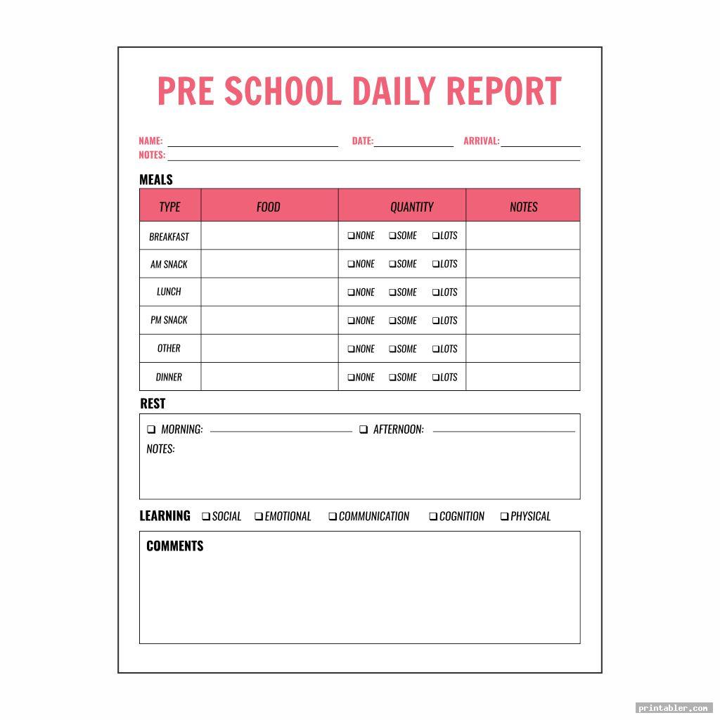 Preschool Daily Report Printable